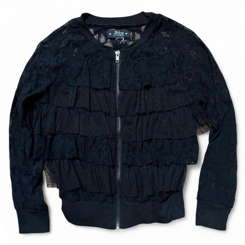 Abbey Dawn Black Lace Ruffle Zip-Up Jacket